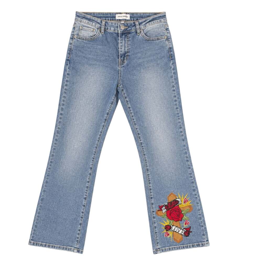 Ashley Mason Size 9 Embroidered Rose Cross Flare Jeans